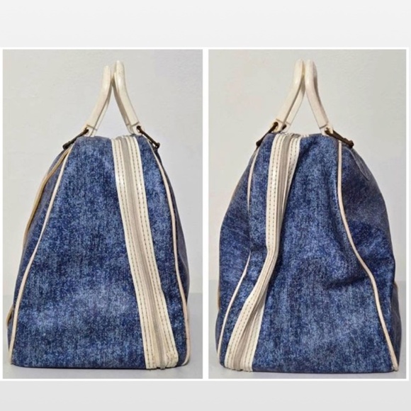 VTG Brunswick Bowling Bag Unisex Blue & White Stripe Handles Metal Rack - Picture 4 of 16